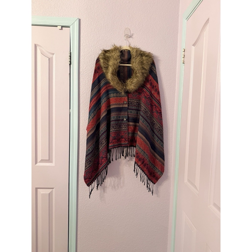 Boho Knit Poncho Sweater Faux Fur Collar Cape Shawl Wrap Penny Lane Gypsy Hippie